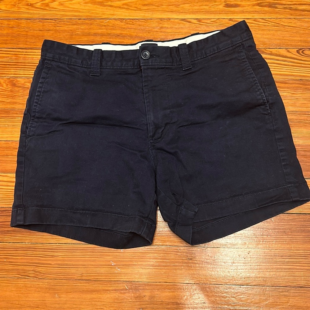 Dark navy blue, J. Crew khaki shorts, 5” inseam
